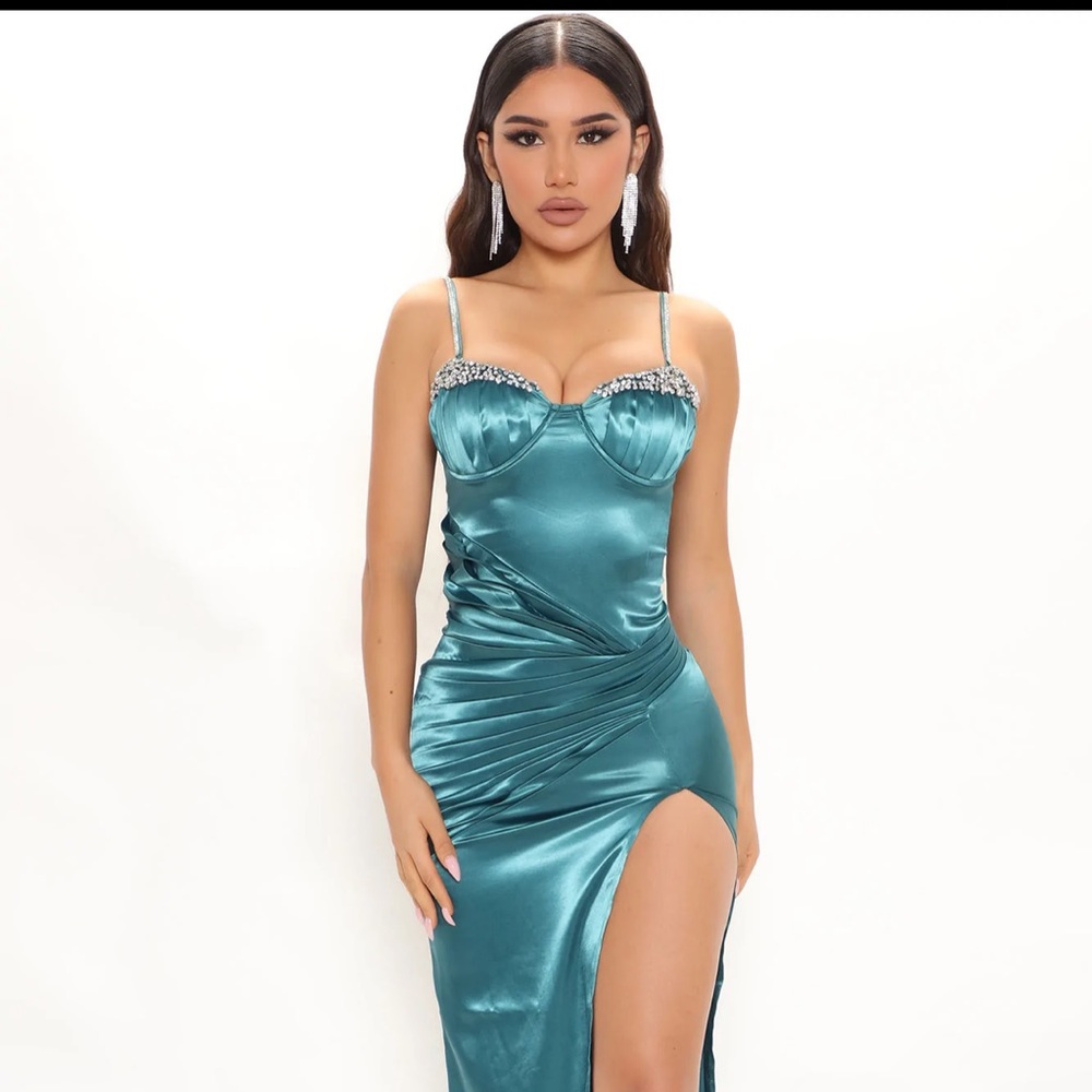 Teal satin maxi dress